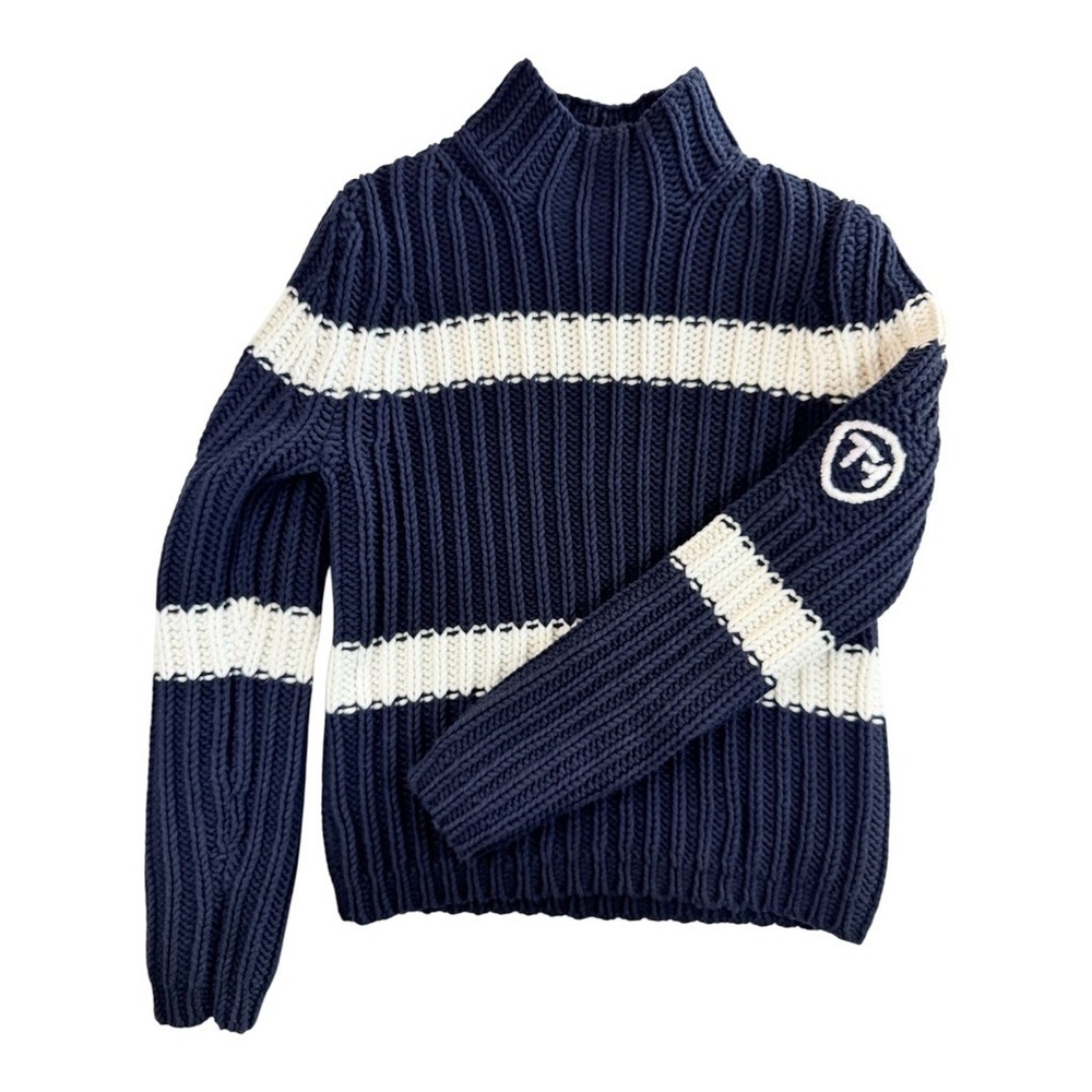 Tommy Hilfiger VTG 90s Y2K Sweater Women M Navy Blue Striped Mock Neck Rib Knit